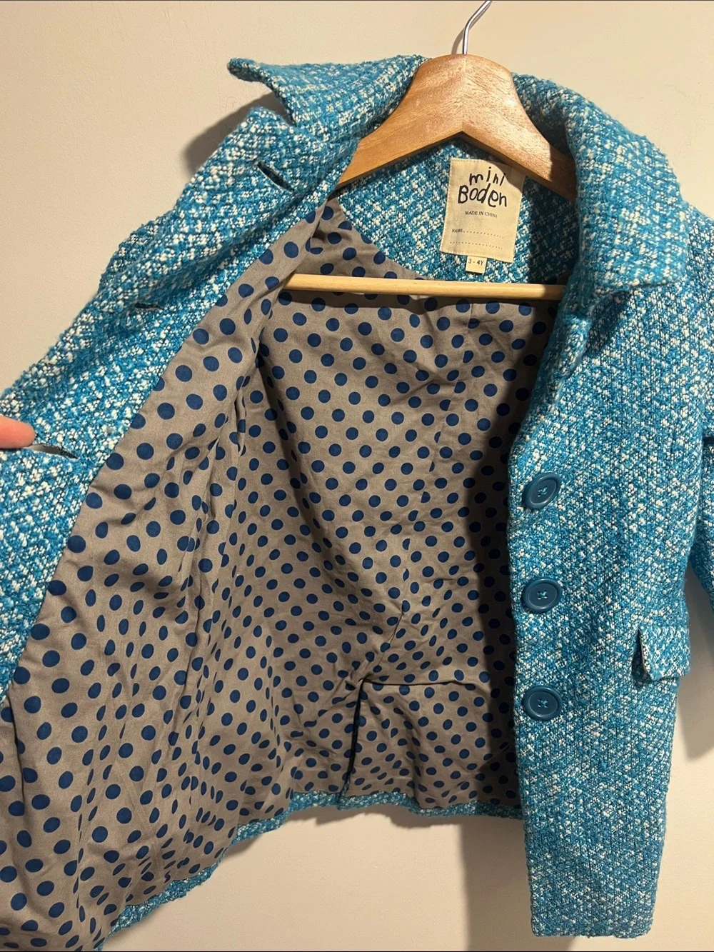 Mini Boden Girls' Teal Tweed Pea Coat Size 3-4 Years